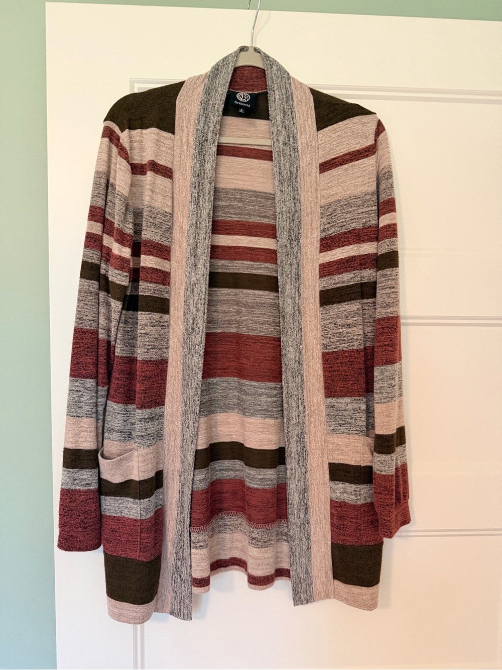 bobeau Striped Open-Front Cardigan in Pink, Gray & Green